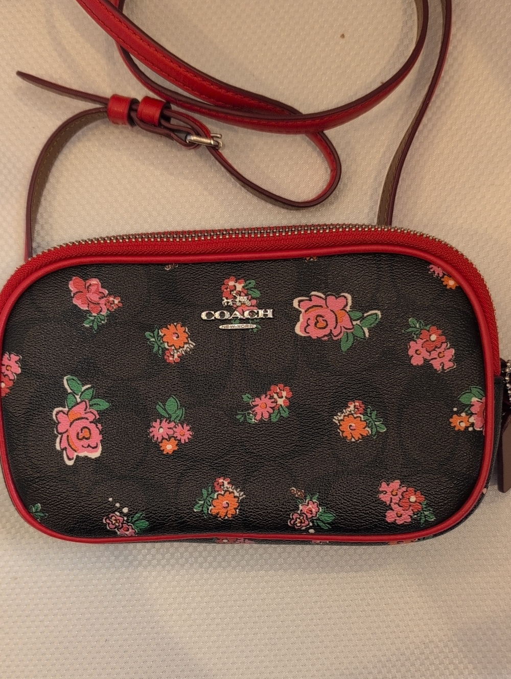 Coach Black Floral Double Zip Crossbody with Pink Flowers and Red Trim
